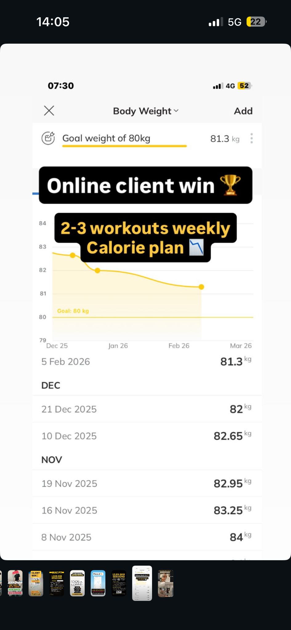 Online client weight loss — goal weight reached