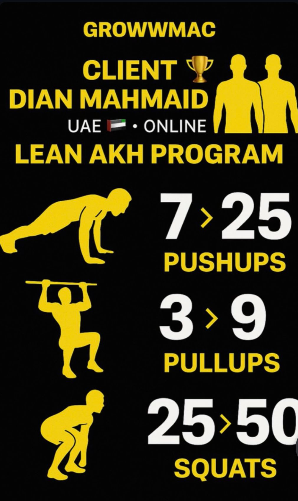 UAE online client — pushups, pullups, squats progression